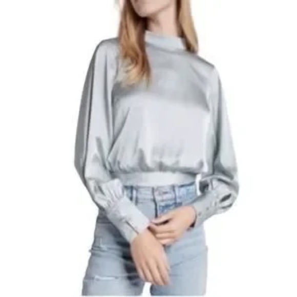 Express Long Sleeve Mock Neck Satin Blouse Open Tie Back Size Medium Rhinestone - Picture 10 of 12